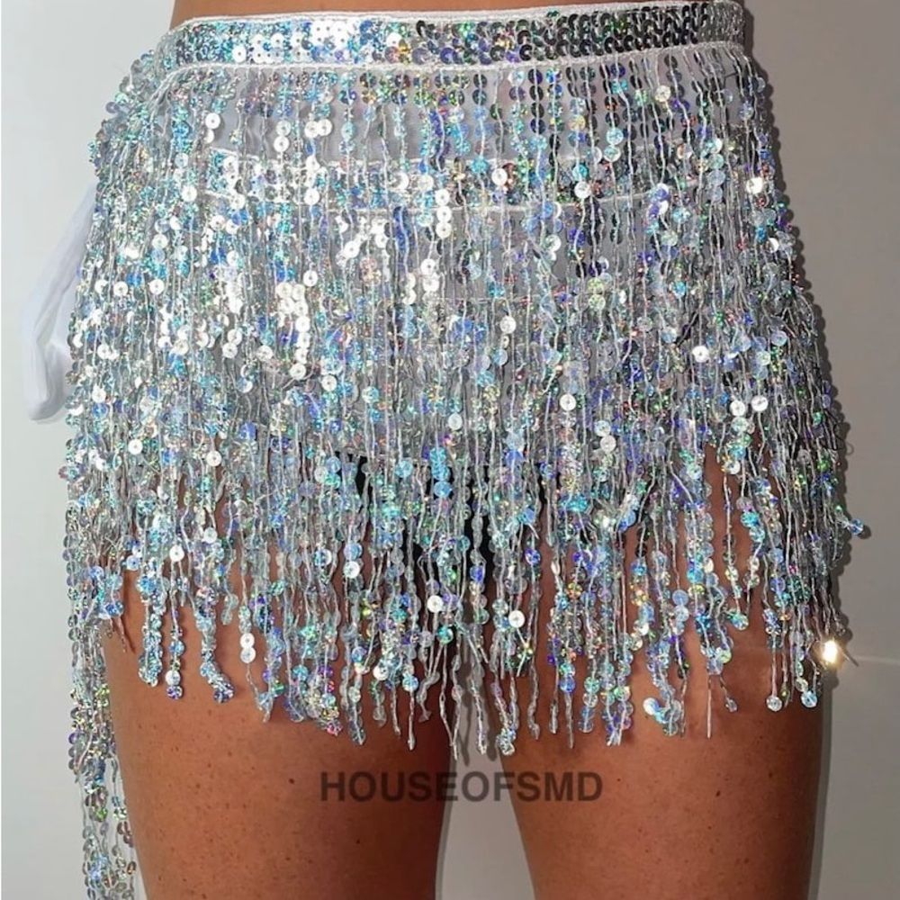Silver sparkly iridescent Tassel sequin Skirt Wrap Skirt Costume concert dance